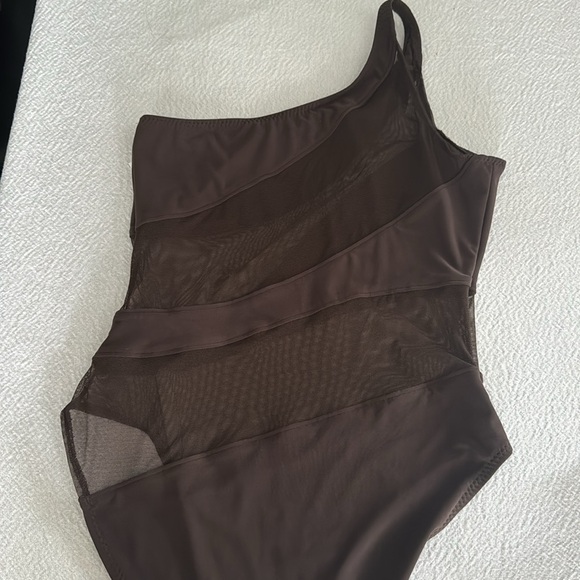 Norma Kamali Snake Mesh One-Shoulder Swimsuit,Chocolate/Chocolate Mesh, L, $245 - Picture 10 of 11
